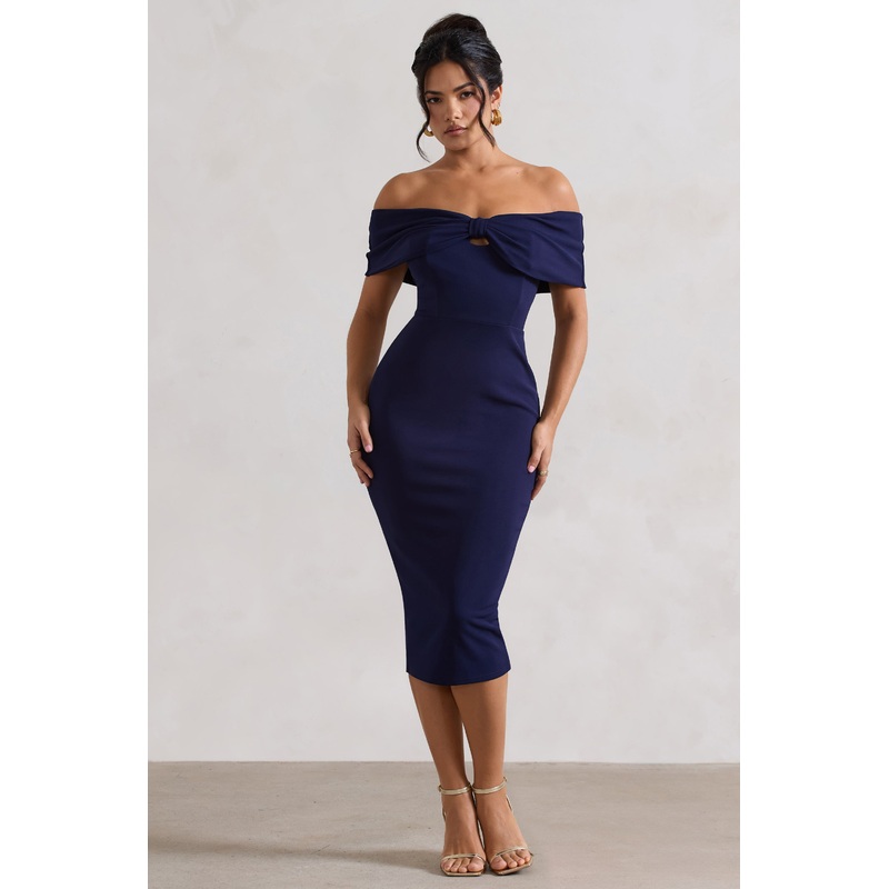 Hope | Navy Bow Bardot Midi Dress