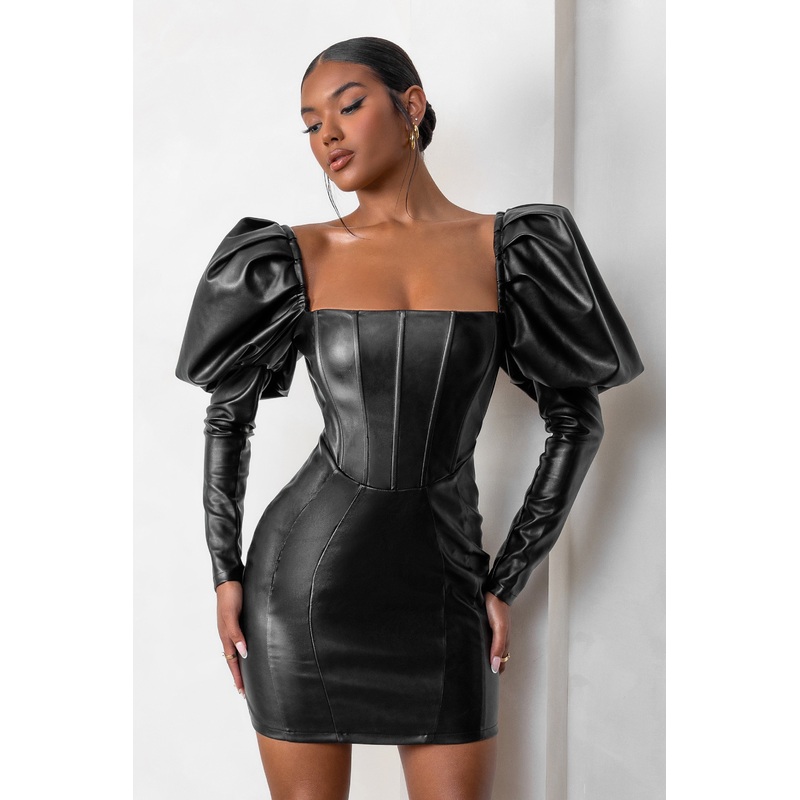 Karyme | Black Faux Leather Puff Sleeve Mini Dress With Corset Detail