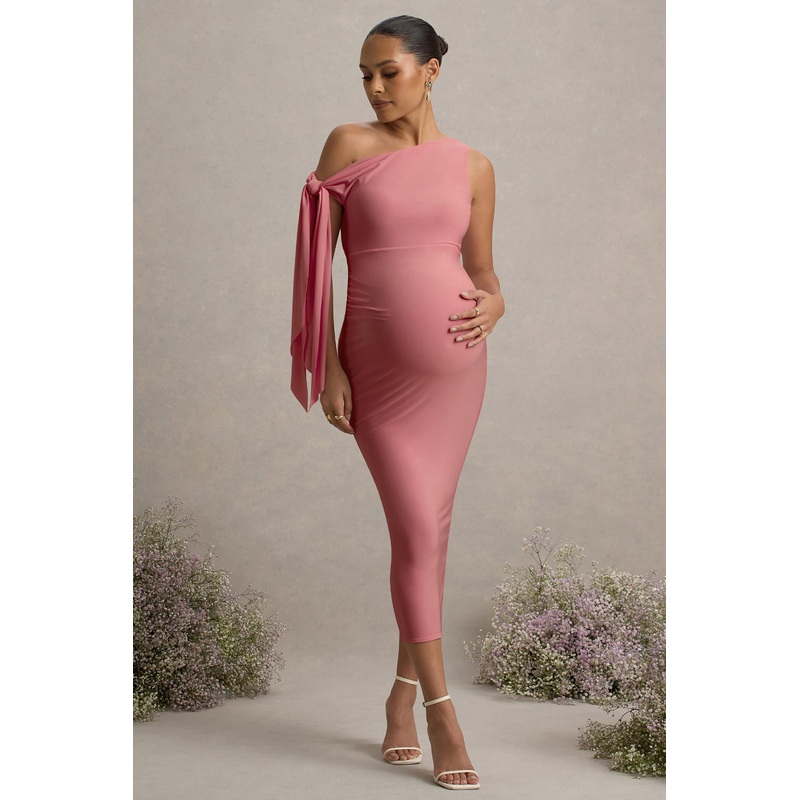 Katarine | Pink Asymmetric Knot Maternity Midi Dress