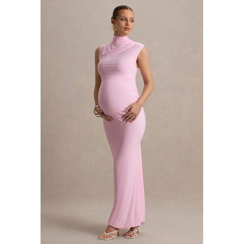 Kienna | Pink Ruched High-Neck Maternity Maxi Dress