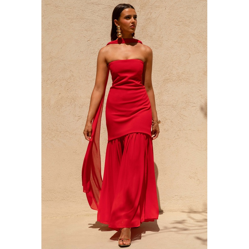 Kylie | Red High-Neck Maxi Dress With Chiffon Skirt