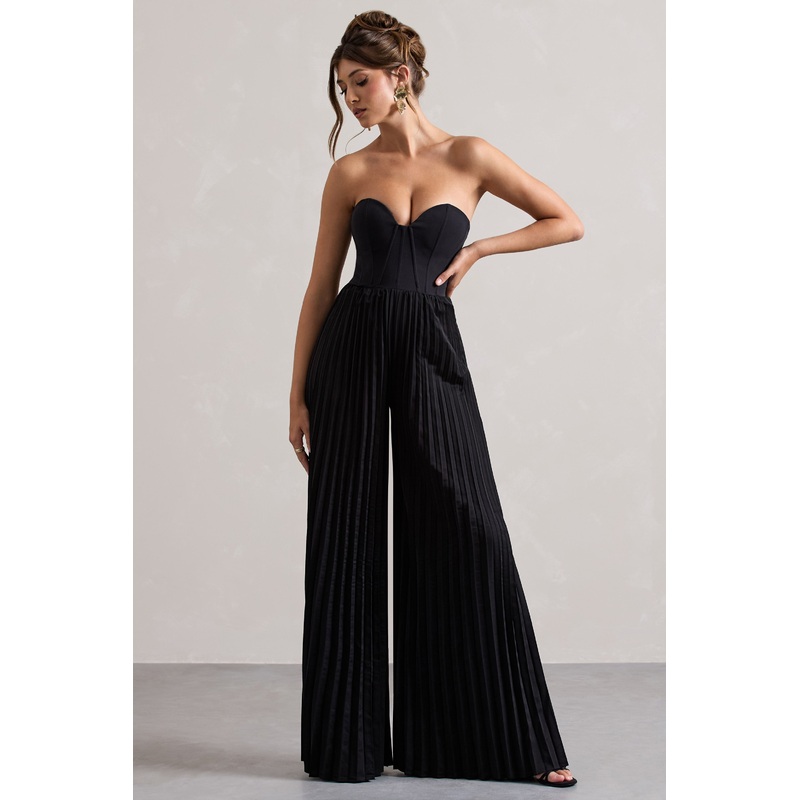 Lorelai | Black Corset Plisse Wide-Leg Jumpsuit