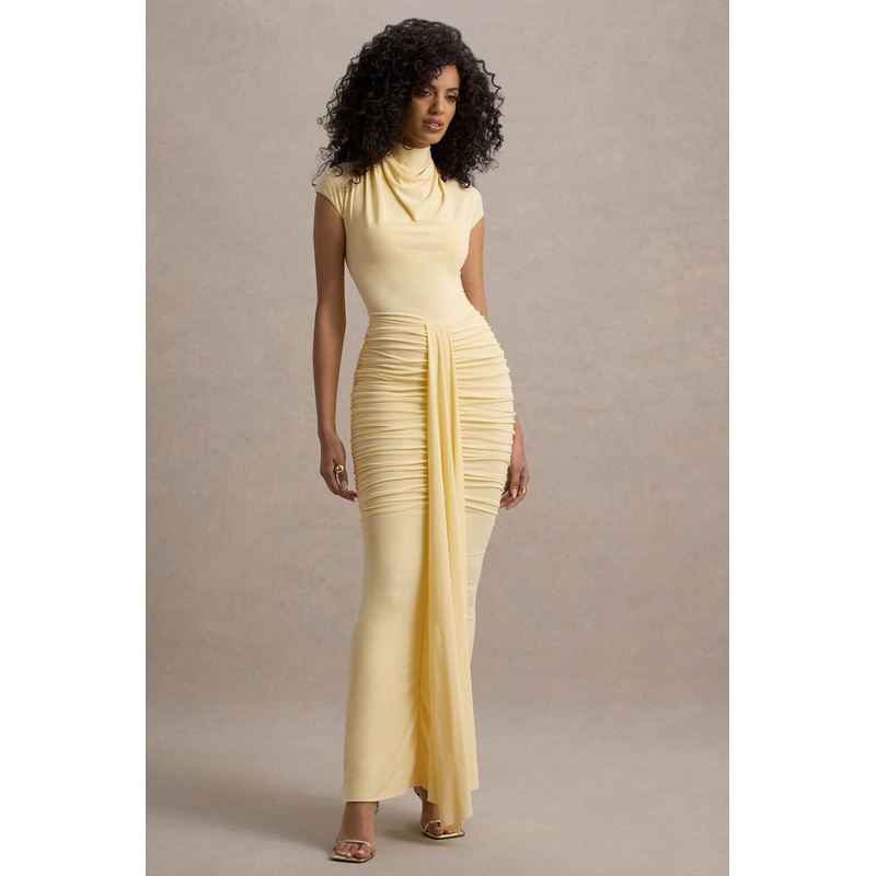 Lorenza | Pale Lemon High-Neck Ruched Maxi Dress With Draped Skirt