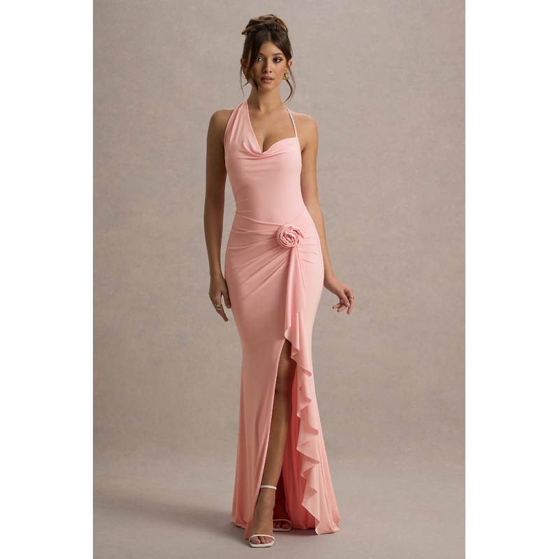 Lucena | Pink Cowl-Neck Wrap Maxi Dress With Floral Drape