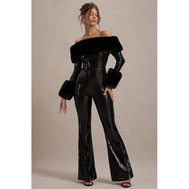 Lunar | Black Sequin Bardot Flared-Leg Jumpsuit With Fur