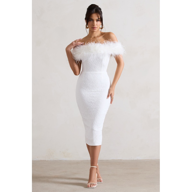 Maiden | White Lace Bardot Midi Dress With Feather Trim