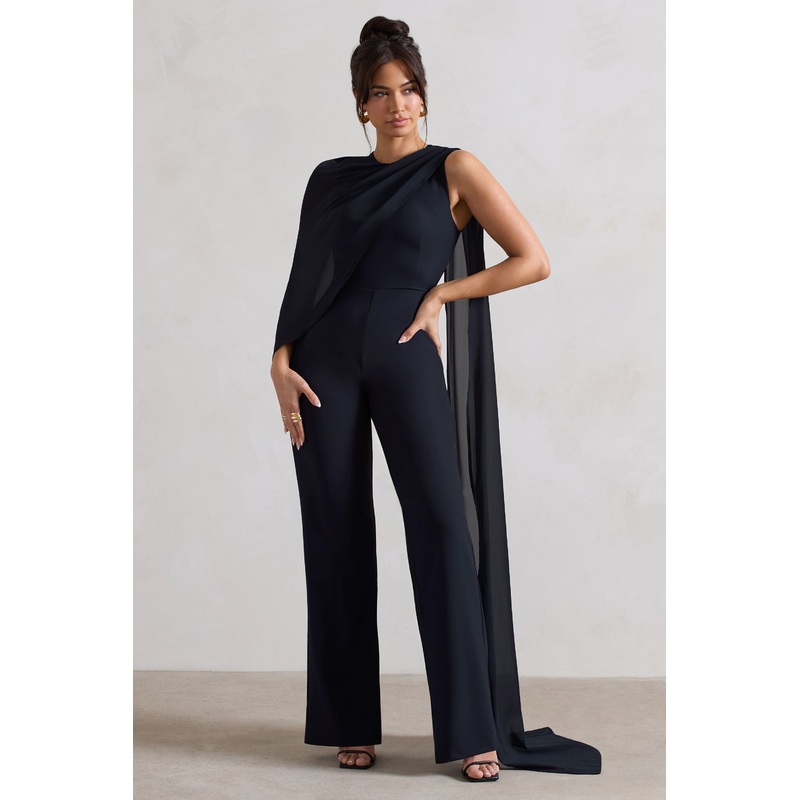 Malina | Navy Straight-Leg Jumpsuit With Chiffon Cape