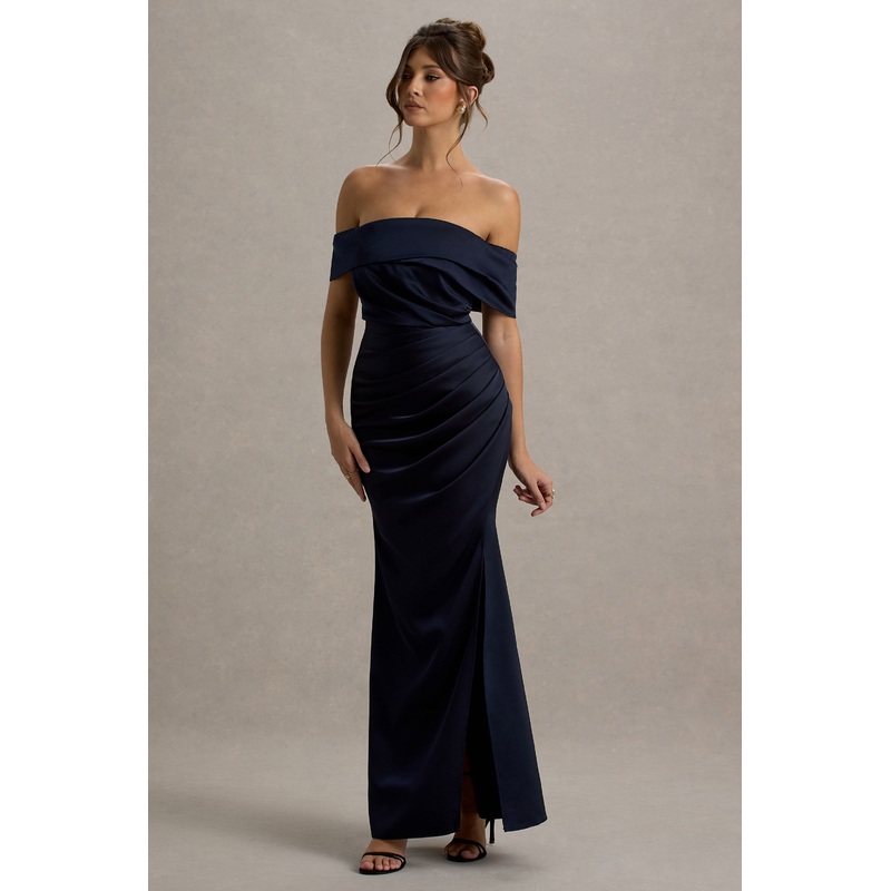 Martine | Navy Satin Bardot Wrap Maxi Dress