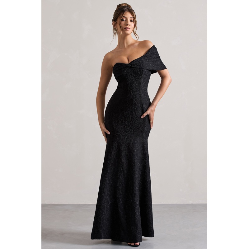 Masquerade | Black Lace Twisted Bardot Maxi Dress