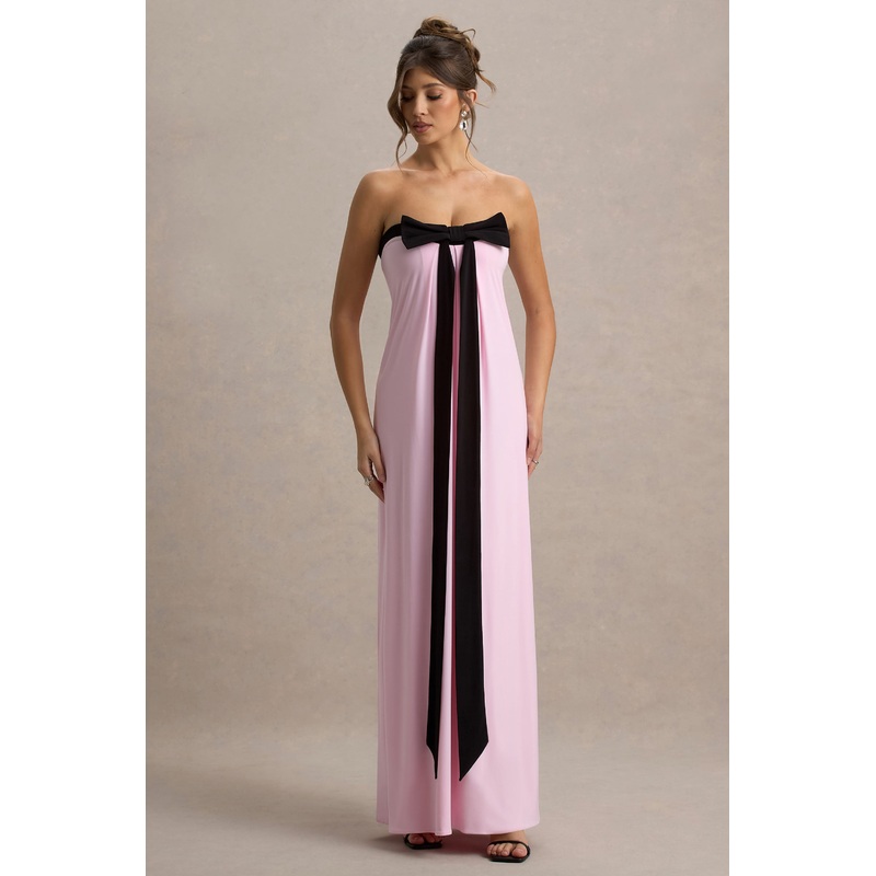 Mckenna | Pink Strapless Maxi Dress With Black Bow