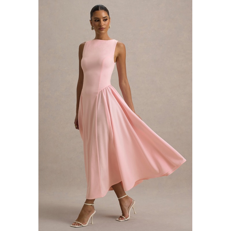 Muriel | Pink Boat-Neck Volume-Hem Midi Dress