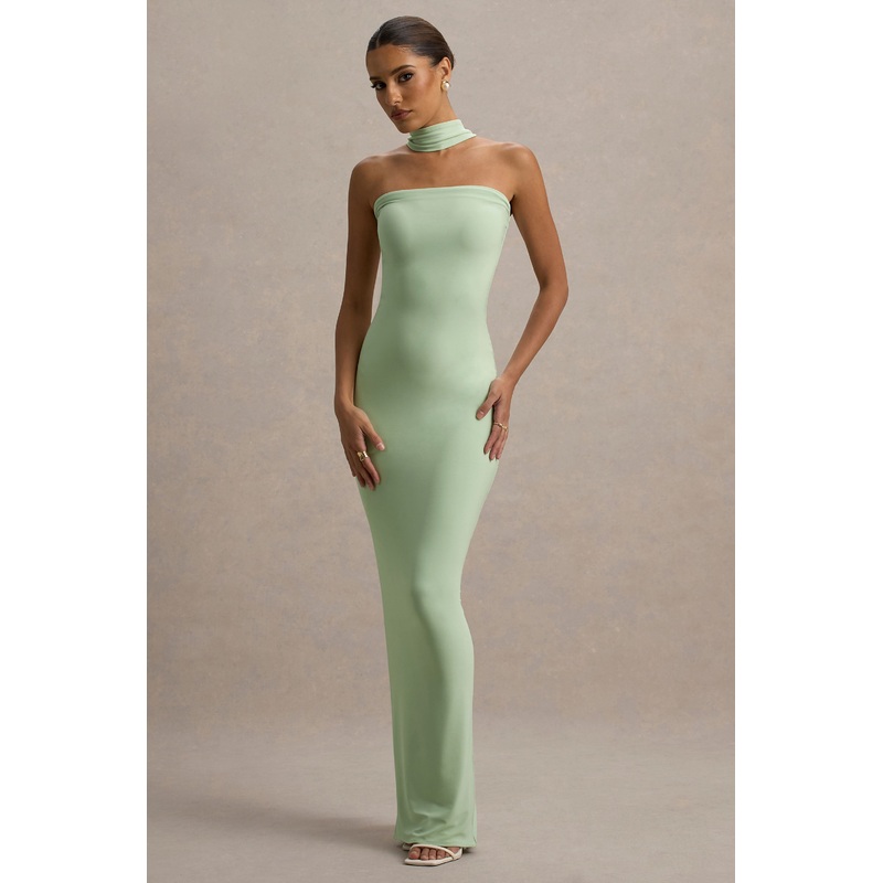 Nobu | Light Green Bandeau Maxi Dress With Halter-Collar