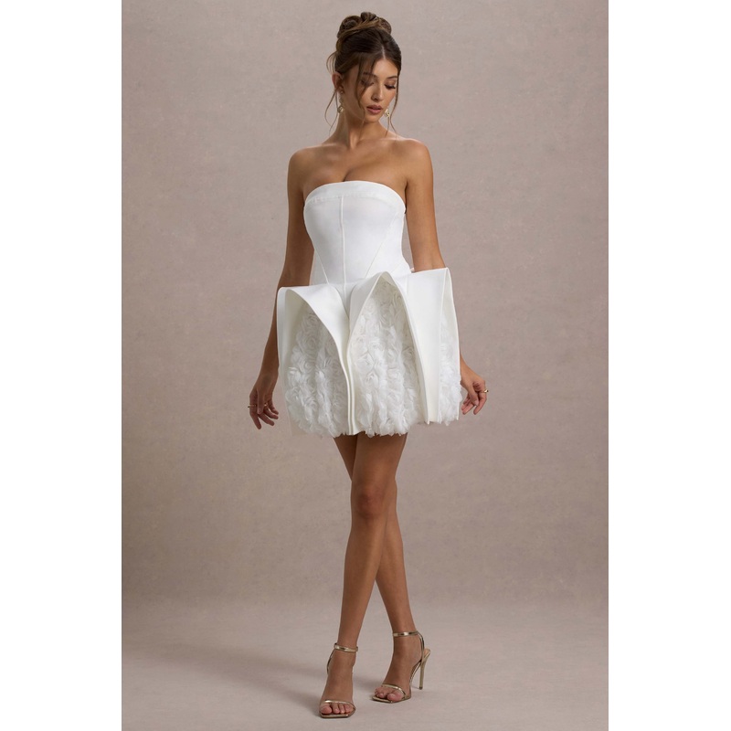 Orchid Oasis | White Bandeau Mini Dress With Puff Floral Hem