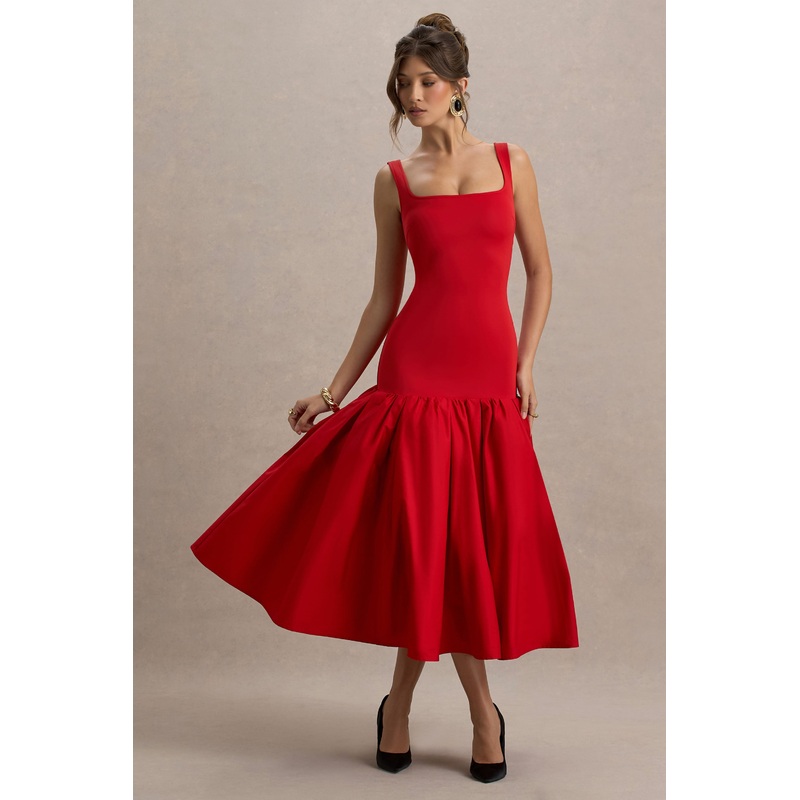 Parida | Red Poplin Drop-Waist Midi Dress With Peplum Hem