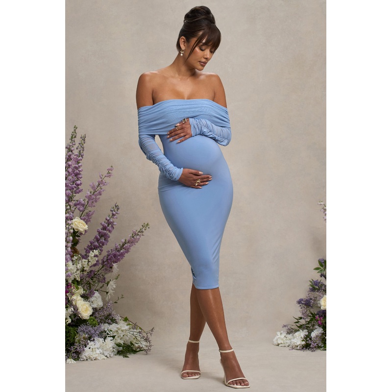 Patiently Waiting | Powder Blue Maternity Ruched Mesh Bardot Midi Dress