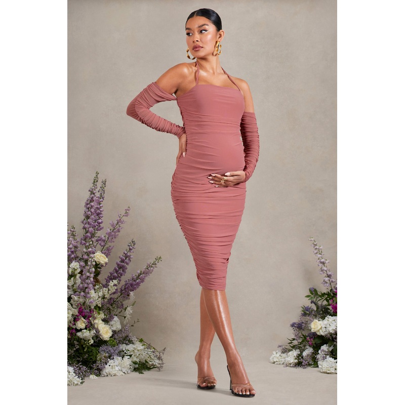 Pixie | Blush Pink Ruched Long-Sleeved Halter-Neck Maternity Midi Dress