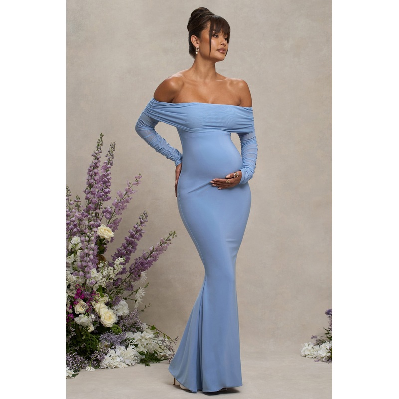 Pretty Perfect | Powder Blue Maternity Ruched Mesh Bardot Maxi Dress
