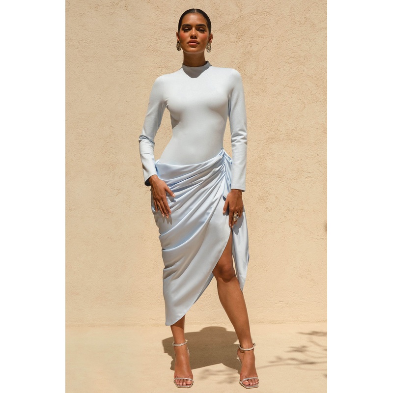 Raffie | Powder Blue Long-Sleeve Midi Dress With Satin Wrap Skirt