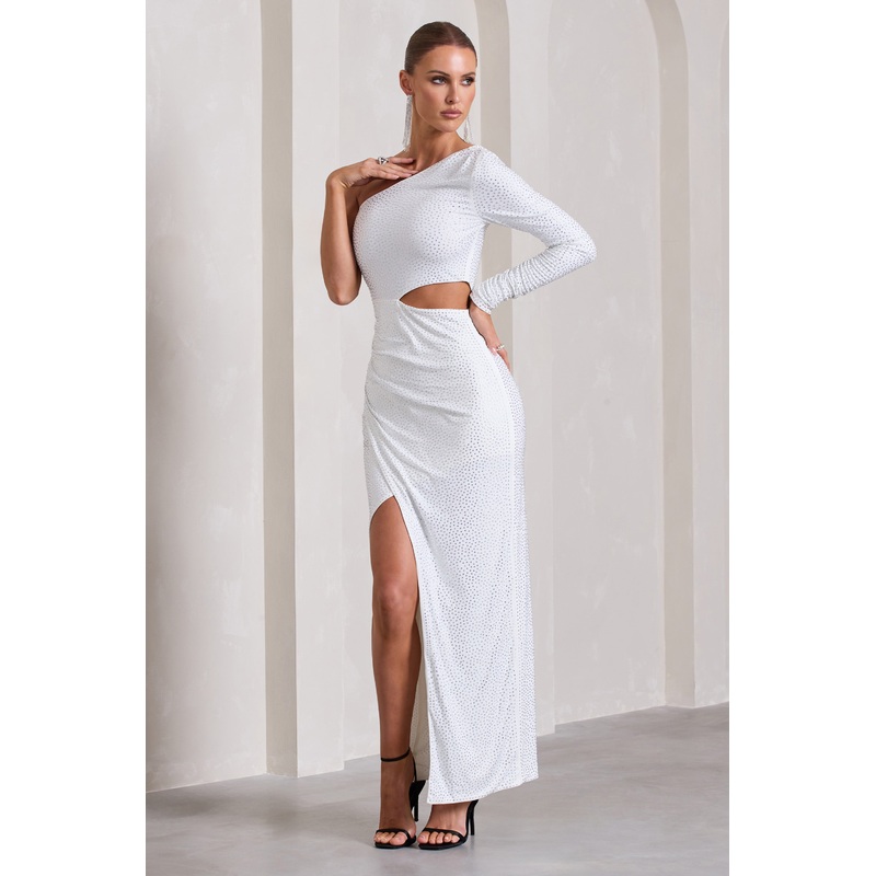 Reflection | White Embellished One Sleeve Cut-Out Split Maxi Dress