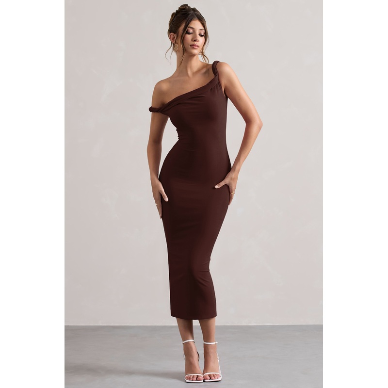 Salome | Chocolate Brown Twisted Asymmetric Midi Dress