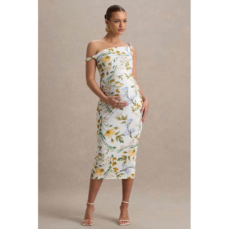 Salome | White Botanical Floral Print Twisted Asymmetric Maternity Midi Dress