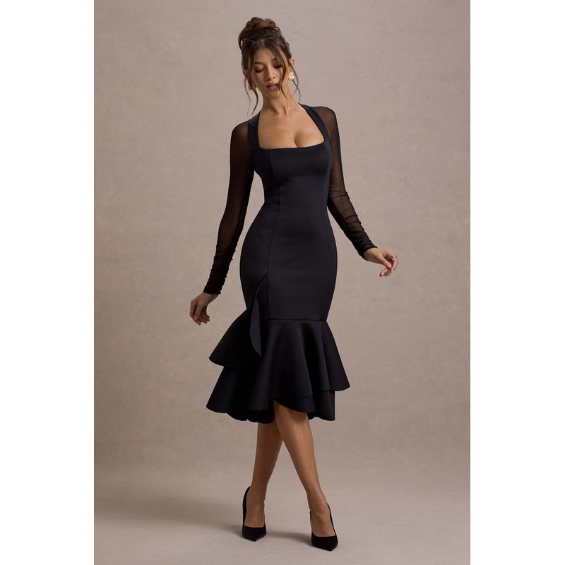 Sander | Black Mesh Long-Sleeve Ruffle-Hem Midi Dress