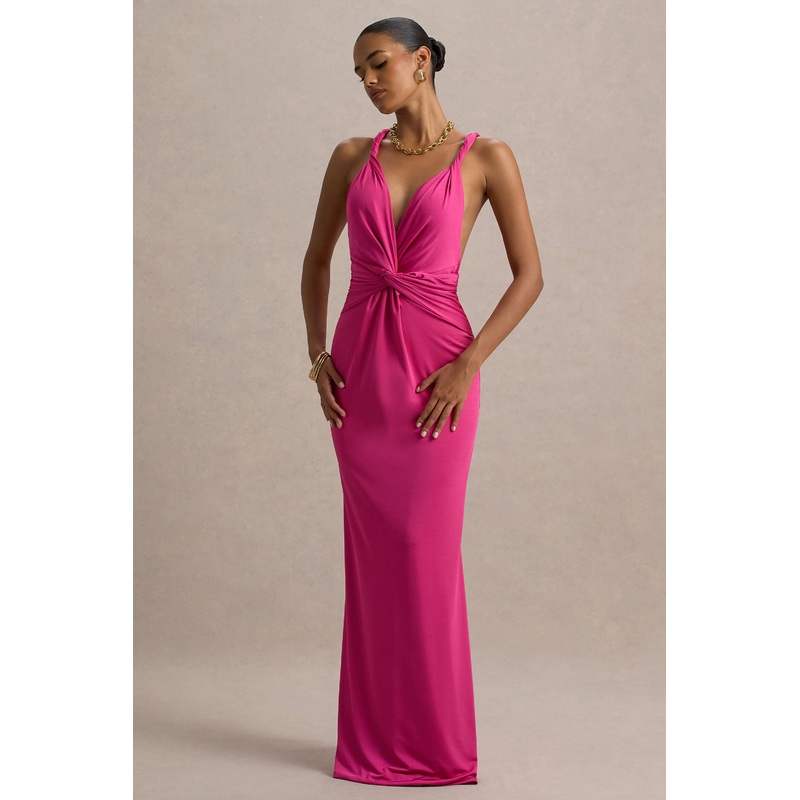 Santez | Hot Pink Twisted Plunge-Neck Maxi Dress