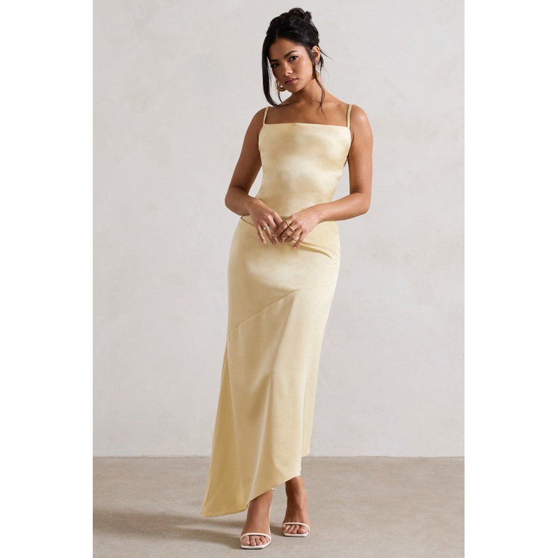 Santi | Lemon Satin Cowl-Neck Asymmetric Maxi Dress