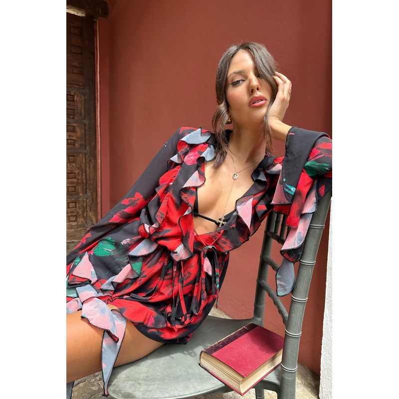 Sauvage | Red & Black Floral Print Chiffon Ruffle Long Sleeve Playsuit