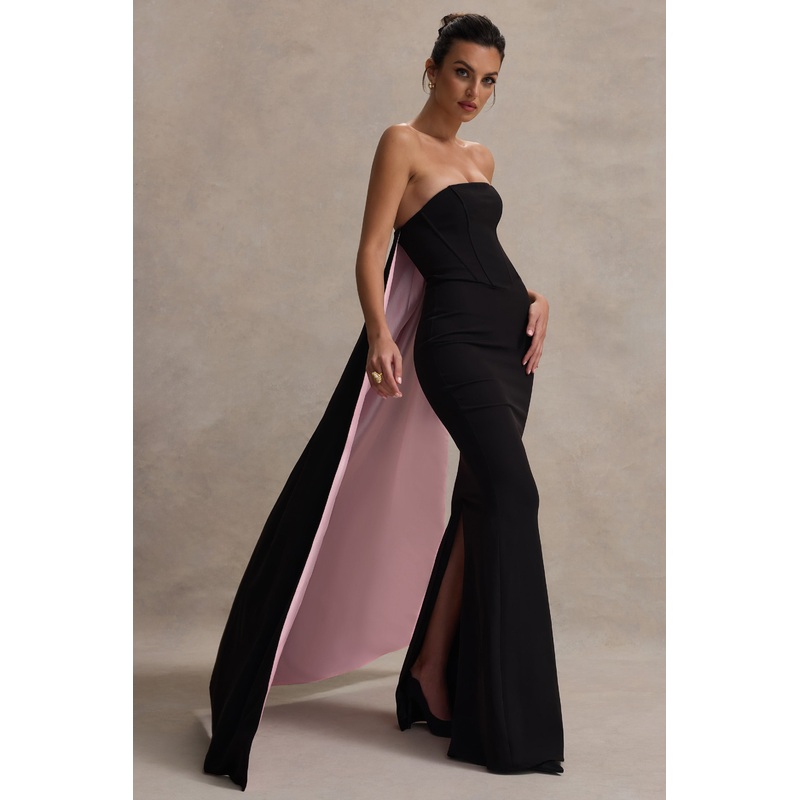 She’s Trouble | Black Bandeau Maxi Dress With Pink Cape