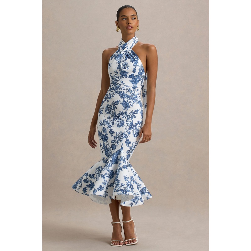 Sonoma | Blue Porcelain Print Halter-Neck Ruffle-Trim Midi Dress