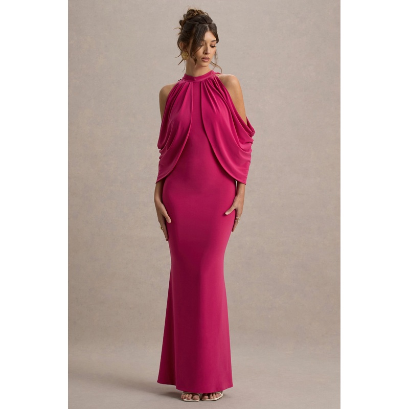 Teresa | Hot Pink High-Neck Cold-Shoulder Maxi Dress