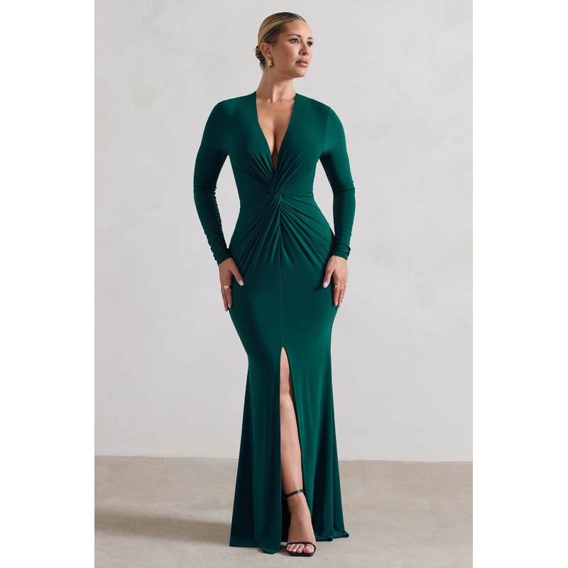 Tianna | Bottle Green Plunge-Neck Twisted Split Maxi Dress