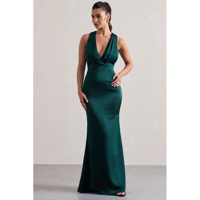 Tiffany | Bottle Green Satin Plunge-Neck Maxi Dress