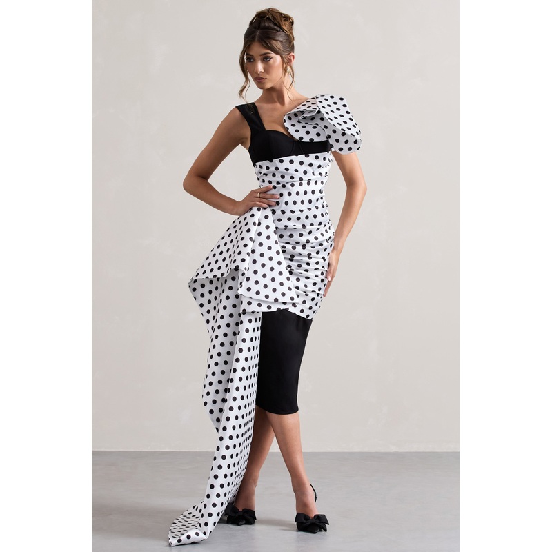Unattainable | Black Polka Dot Wrap Midi Dress Volume Drape