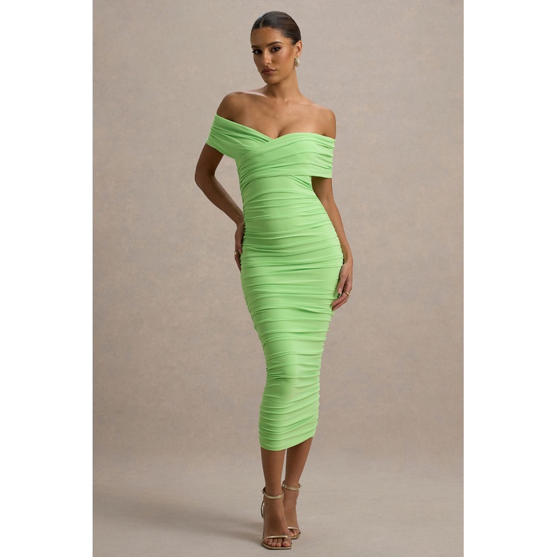 Unwrapped | Light Green Ruched Twist Bardot Midi Dress