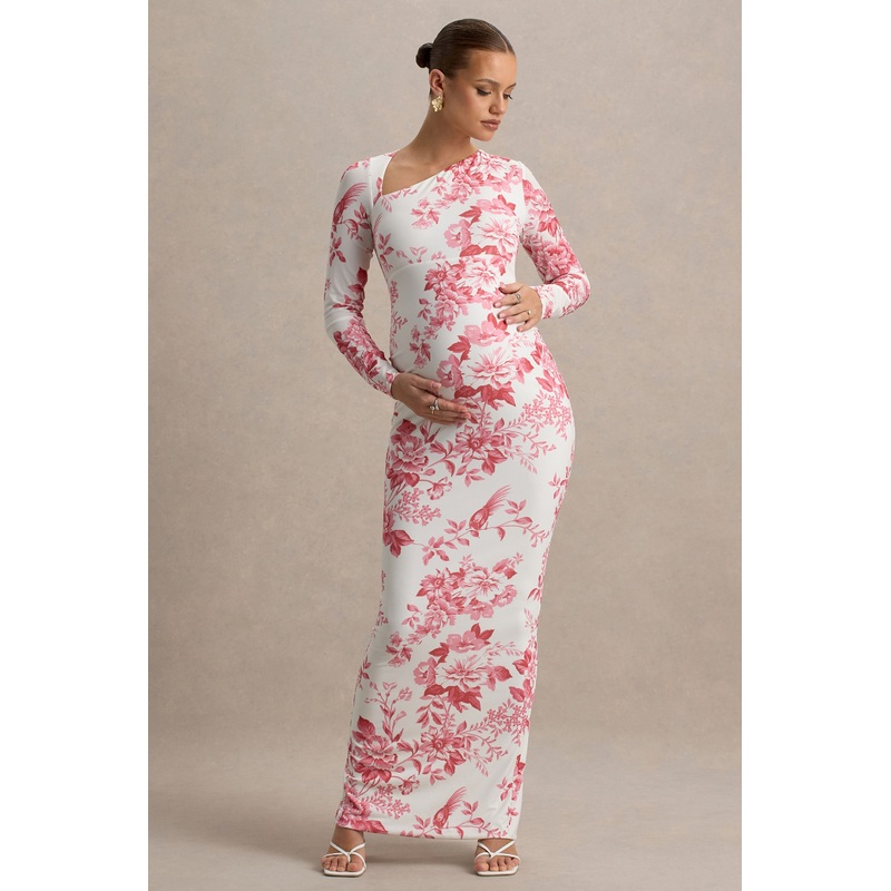Vanette | Pink Floral Print Asymmetric Long-Sleeve Maternity Maxi Dress