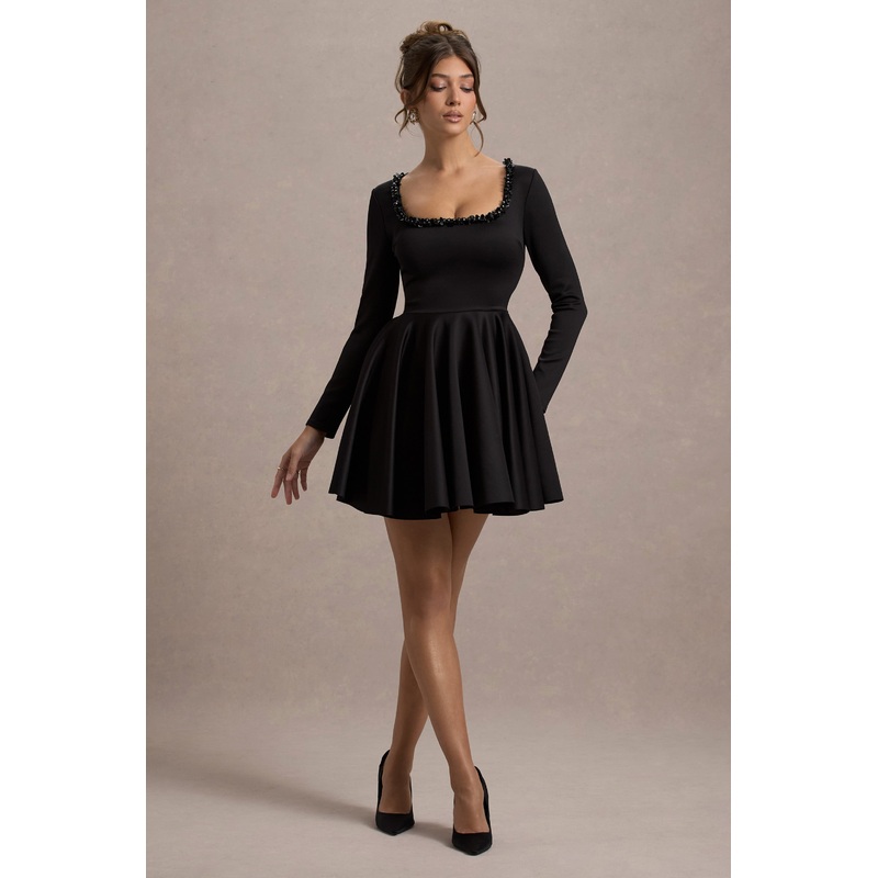 Wilder | Black Square-Neck Long-Sleeve Skater Mini Dress