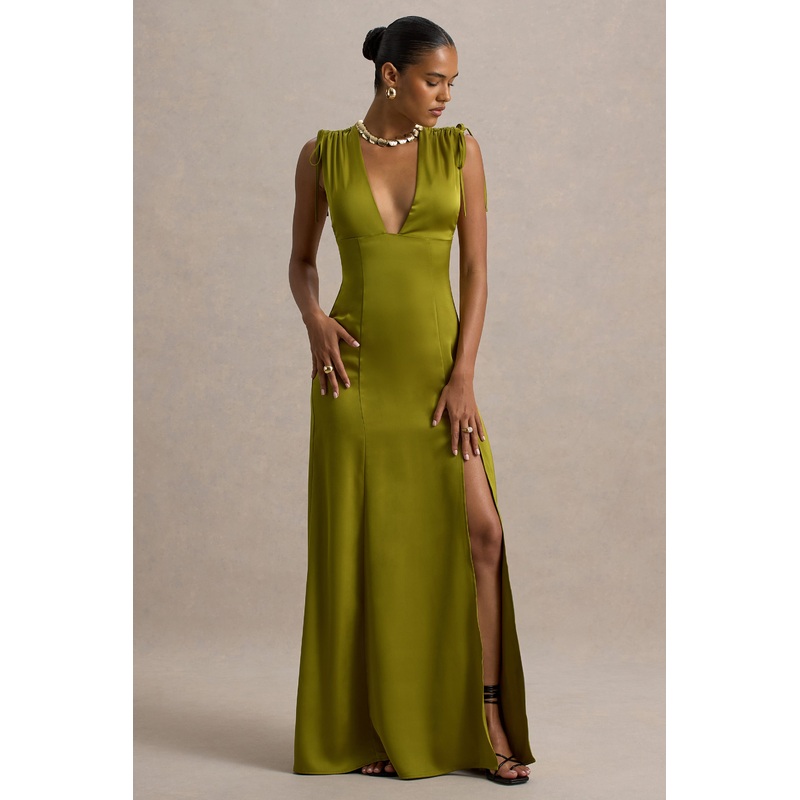 Ysabella | Olive Satin Plunge-Neck Split Maxi Dress