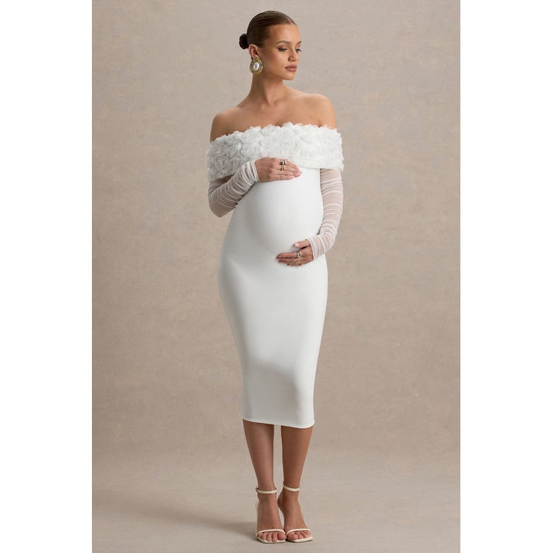 Adita | White Mesh Floral Bardot Maternity Midi Dress