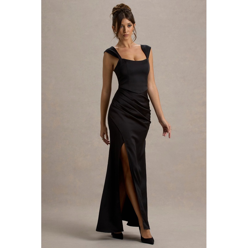 Admire | Black Satin Corset Wrap Maxi Dress