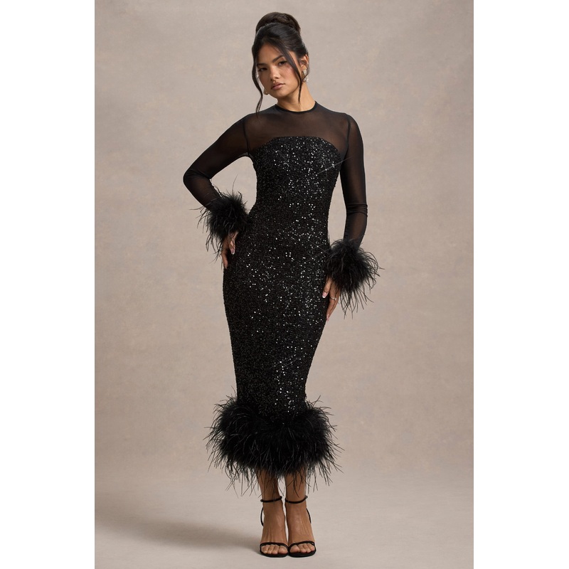 Afterglow | Black Sequin Long-Sleeve Midi Dress With Feather Trims