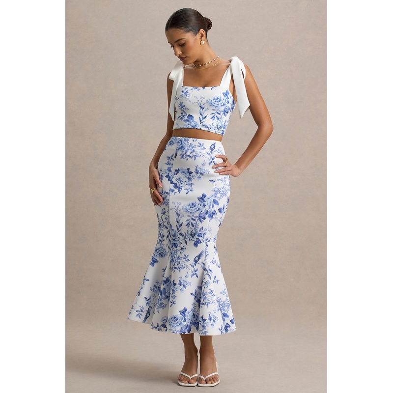 Amadea | Blue Porcelain Print Fishtail Midi Skirt