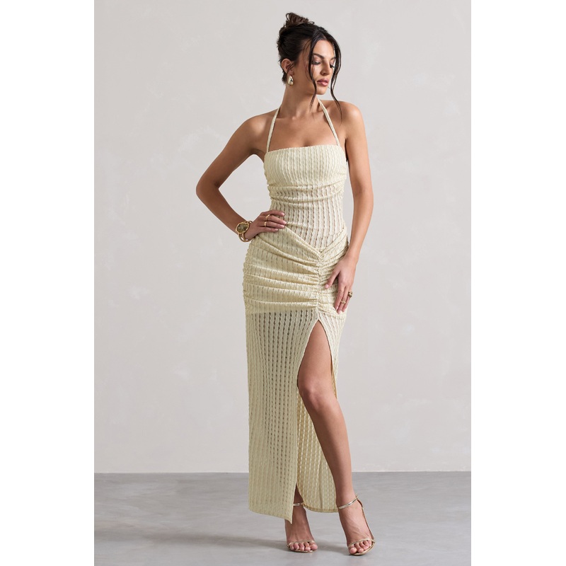 Amalfi | Ecru Textured Sheer Halter-Neck Maxi Dress