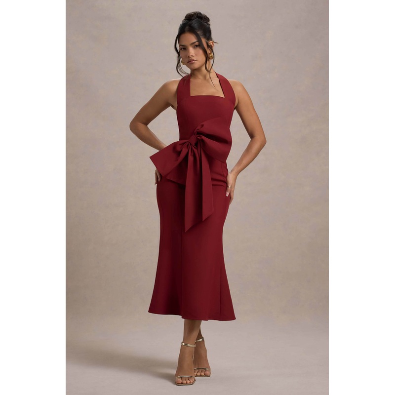 Aman | Berry Halter-Neck Midi Dress With Oversized Bow