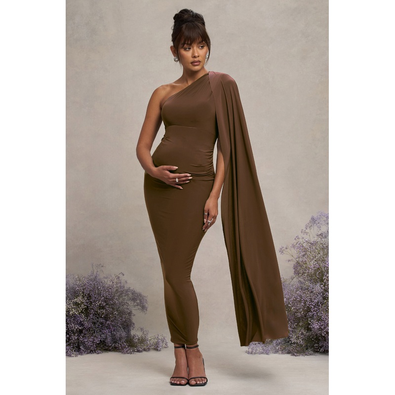 Amaryllis | Chocolate Maternity One Shoulder Maxi Dress with Cape Sleeve