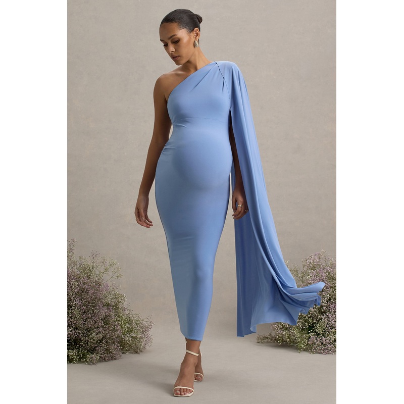 Amaryllis | Powder Blue Maternity One Shoulder Maxi Dress with Cape Sleeve
