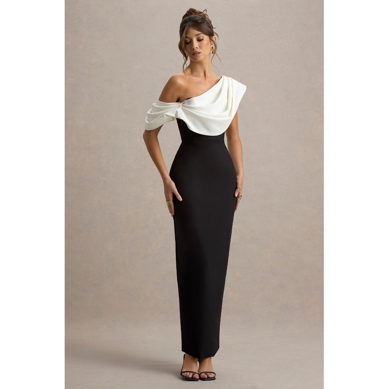 Angelina | Black & White Draped Shoulder Maxi Dress