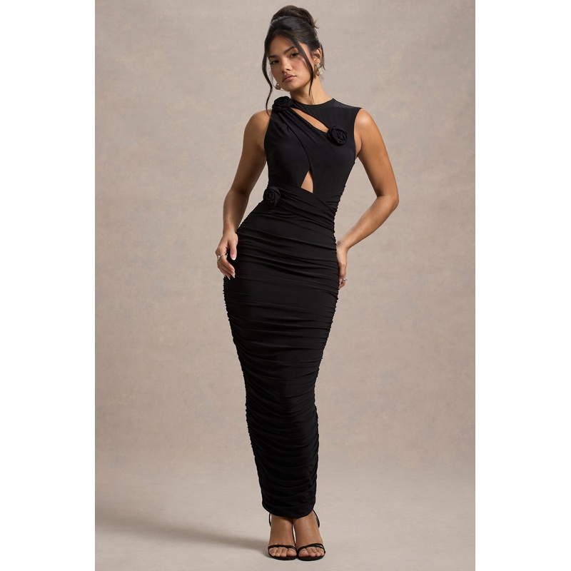 Audelia | Black Cut-Out Maxi Dress With Floral Corsages