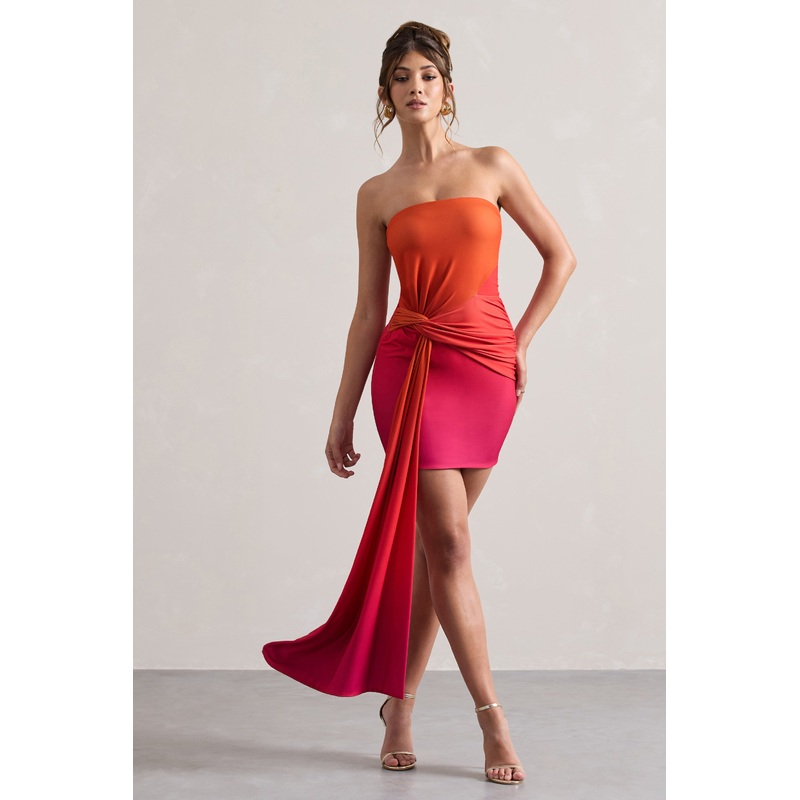Azora | Pink & Orange Ombre Bandeau Mini Dress With Twisted Sash